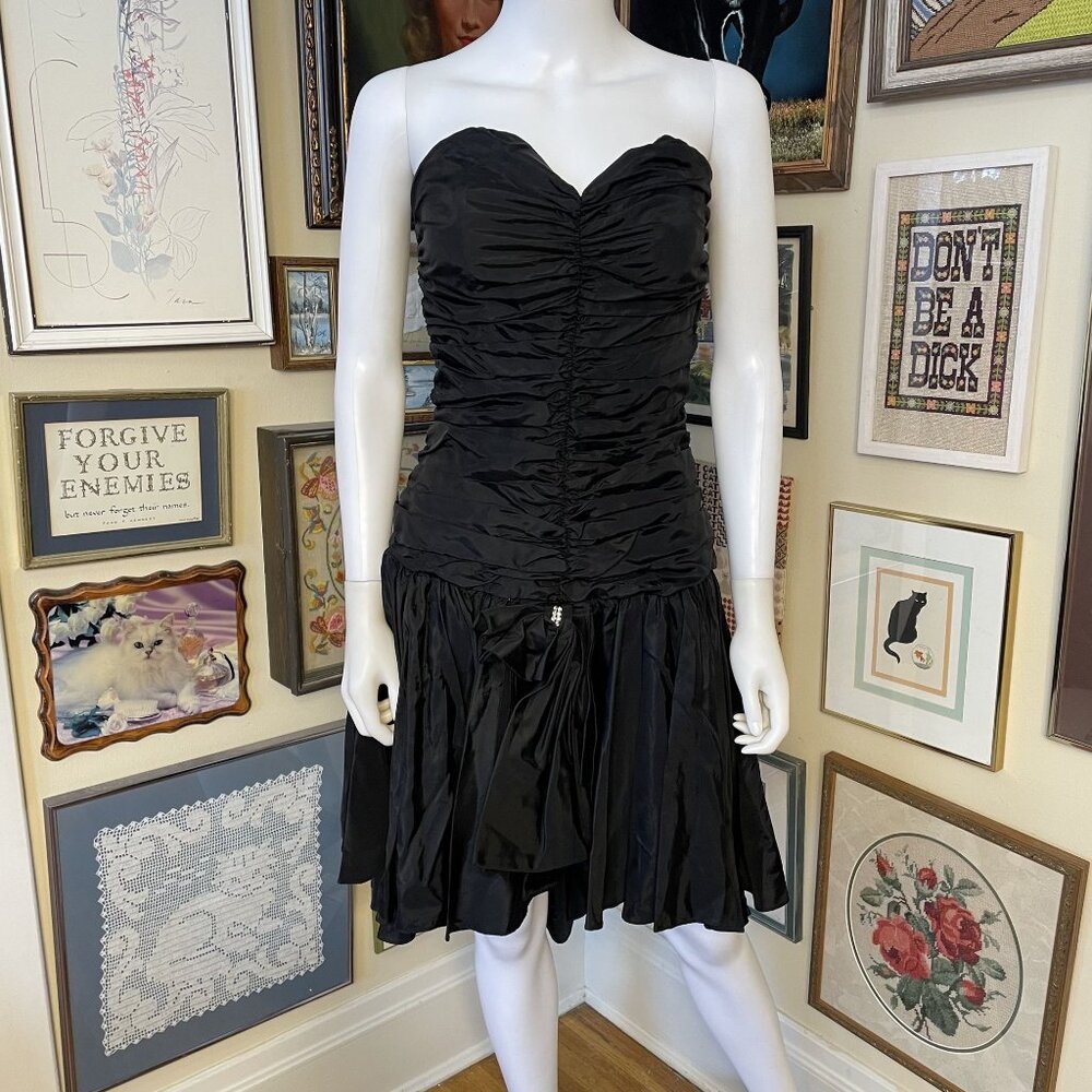 80's Vintage Scarlett Nite Black Shirred Strapless Drop Waist Mini Dress Size XS